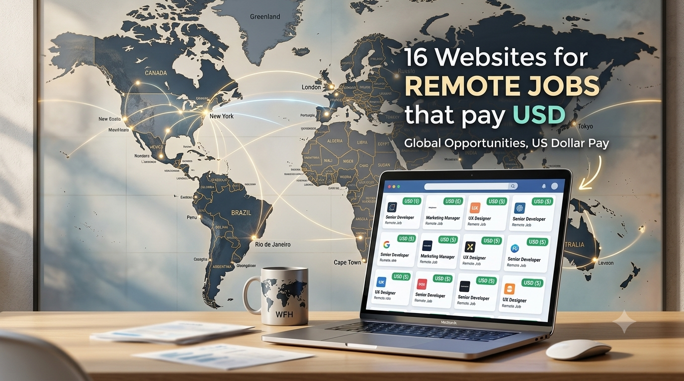 16 websites for remote jobs that pay USD — laptop on a desk with world map background