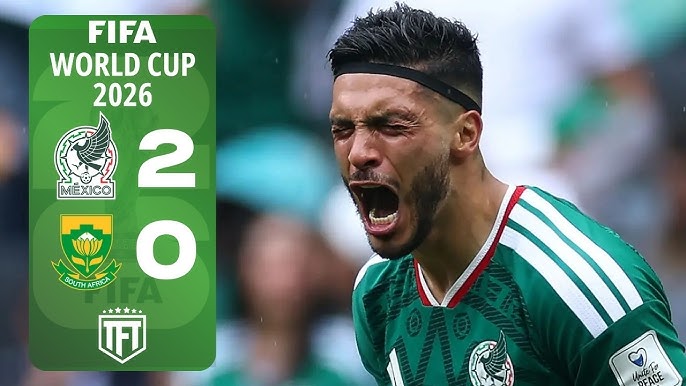 Julián Quiñones celebrates scoring Mexico's opening goal against South Africa at the 2026 FIFA World Cup.
