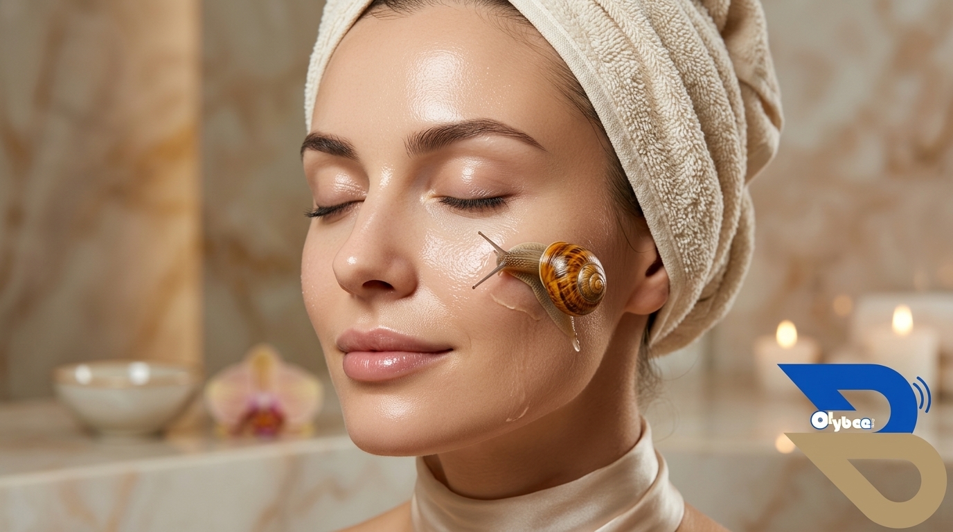Woman applying live snail to face as part of live snail skincare trend