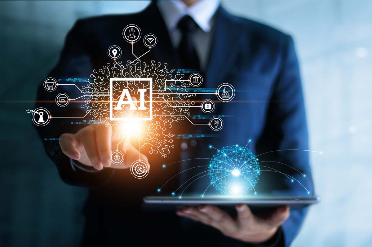 AI legal responsibility in business executive reviewing artificial intelligence decision framework on digital screen