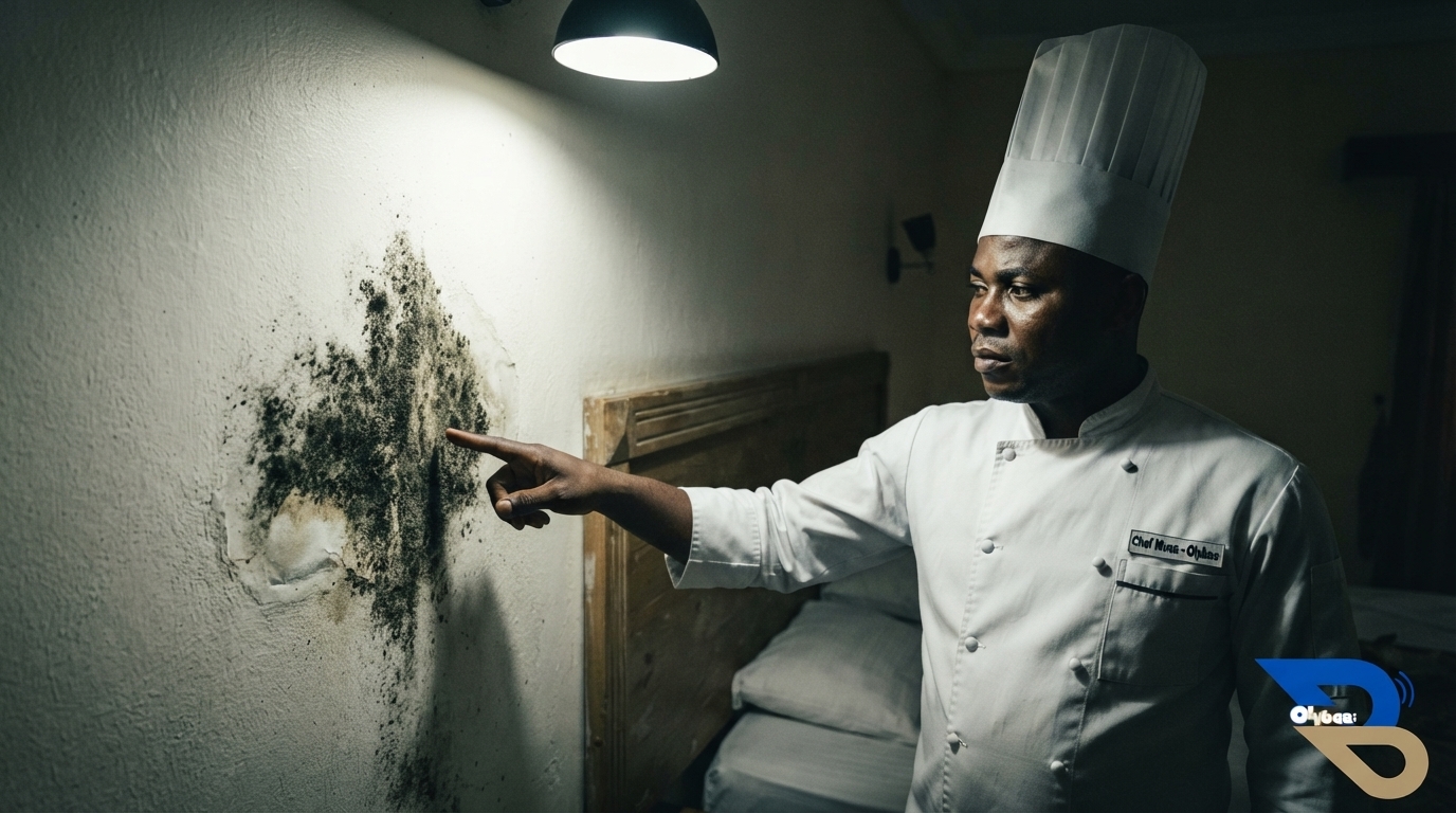 Chef points to mould, a silent killer, on hotel room wall in Asaba