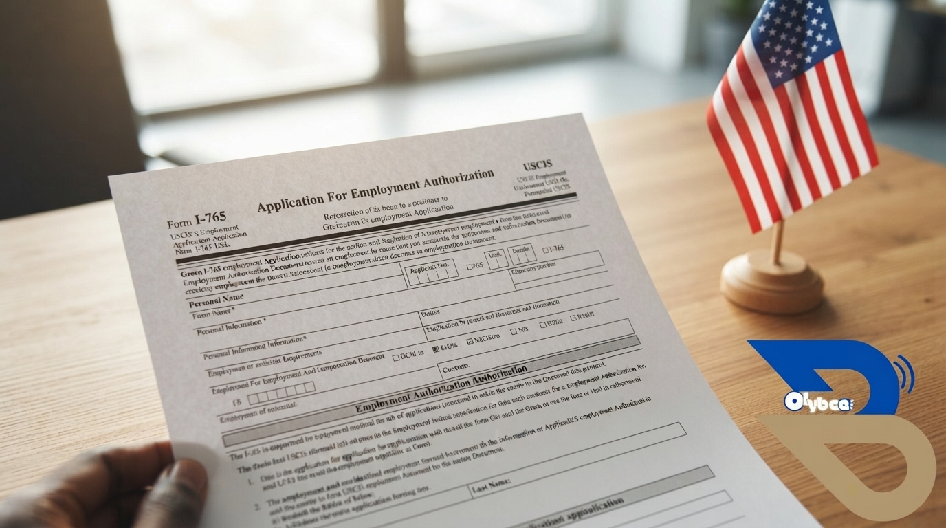 Green card employment application document with US flag